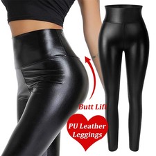High Waist Women PU Leather Leggings Shaper Pants Shapewear Trousers Butt Lift