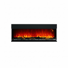 Close-up of realistic electric fireplace flame effect with glowing logs and crys