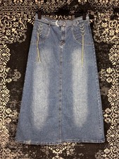 Women's Y2K Long Denim Skirt with Back Pockets - Size XL, Medium Wash Blue