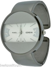 NEW GENEVA  POLISHED GUNMETAL TONE METAL BANGLE CUFF SILVER DIAL LADY'S WATCH