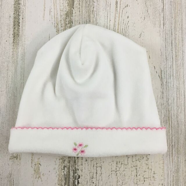 Kissy Kissy Baby White Velour Pink Embroidered Flower Sz Small NB 0 3 M Cap Hat