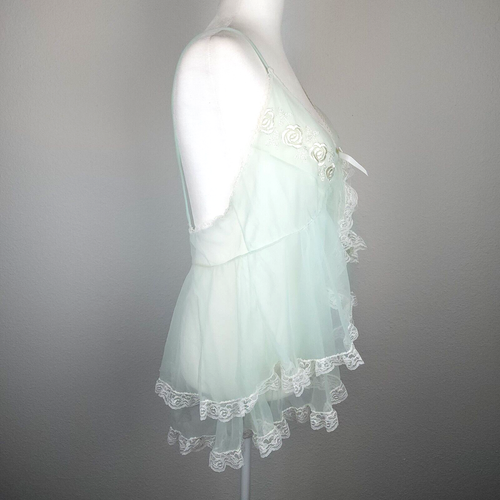 Vintage 50s 60s Lingerie Aqua Blue BABYDOLL Sheer Chiffon Lace Nightie Nightgown - Picture 8 of 15