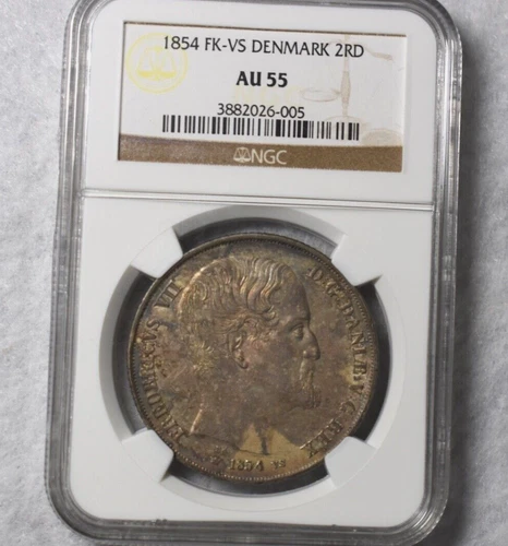 DENMARK 2 RIGSDALER 1854 NGC CERTIFIED AU 55  SILVER ( stock# 157)