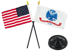 Black & White USA American 4"x6" Flag Desk Set Table Stick Staff Gold Base 