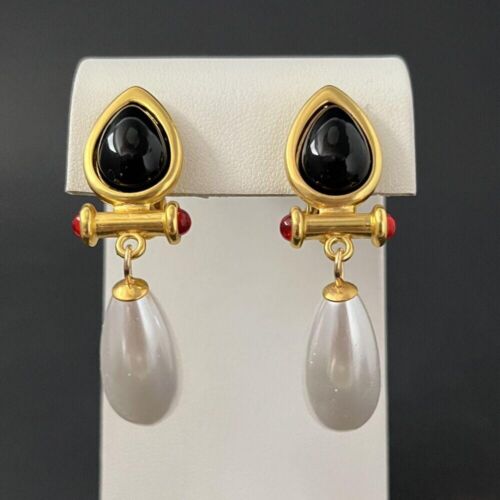 Style Earrings Gold Faux Pearl Dangle Drop Black Red Clip On - Picture 1 of 6