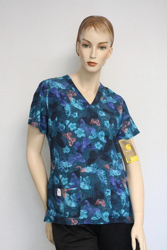 Carhartt  Cross Flex Blue Butterfly Two Pocket V Neck Scrub Top Womens Large - Image 2 of 4