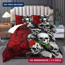 Gothic King Size Bedding Set with Skull Rose Comforter, Black Red Quilt