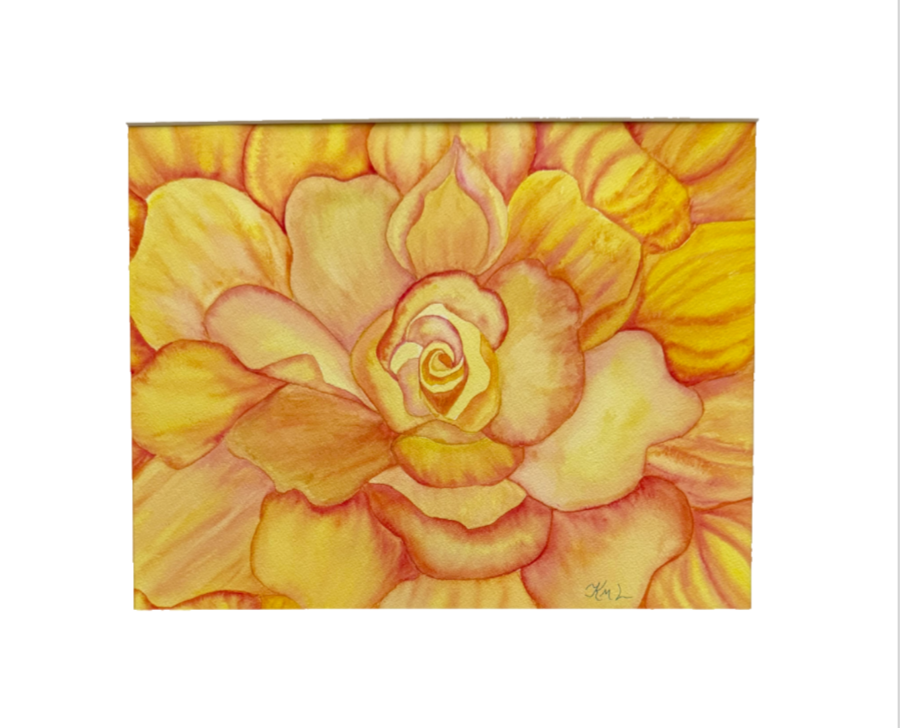 PAINTING WATERCOLOR 11X14 AND WHITE MAT 16X20 FLOWER ROSE YELLOW ORANGE ...