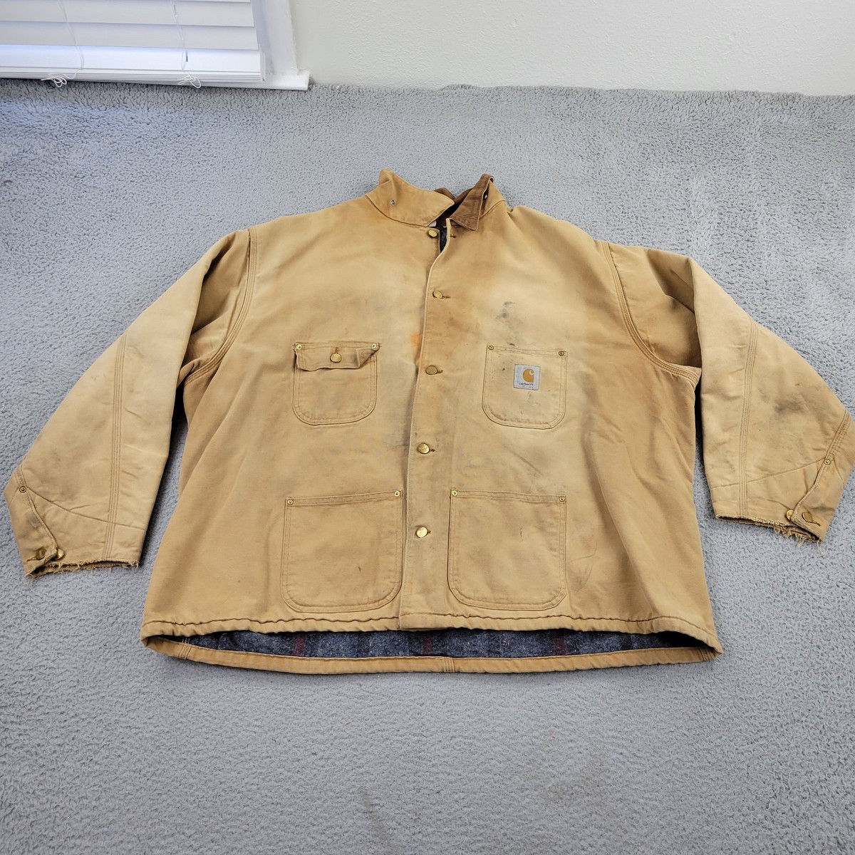 Carhartt VTG Chore Jacket Mens 3XL Beige Buttons Pocket Long