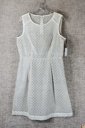 Calvin Klein White Geo Lace Fit & Flare Dress Womens 12 Sleeveless Lined NWT$134