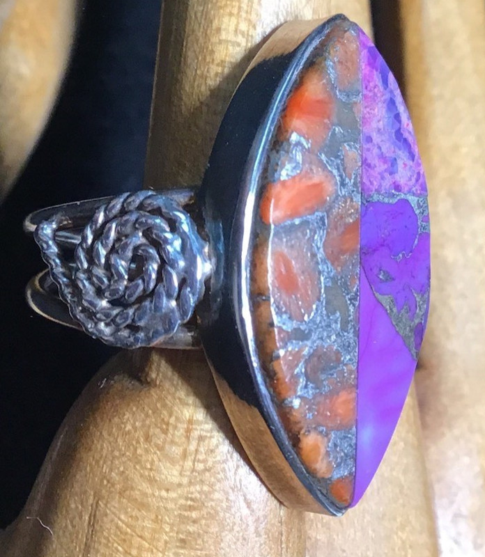 Gorgeous Orange & Purple Turquoise Ring-Handmade Sterling ANA Silver Co-Size 5.5