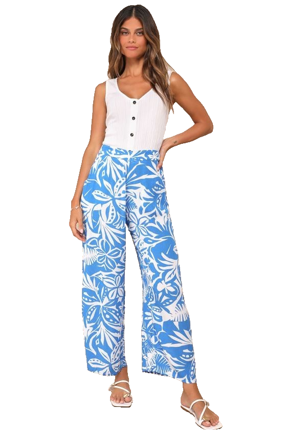 Roxy Blue Floral Tropical Print Wide‑Leg Pants Women's Large NWT