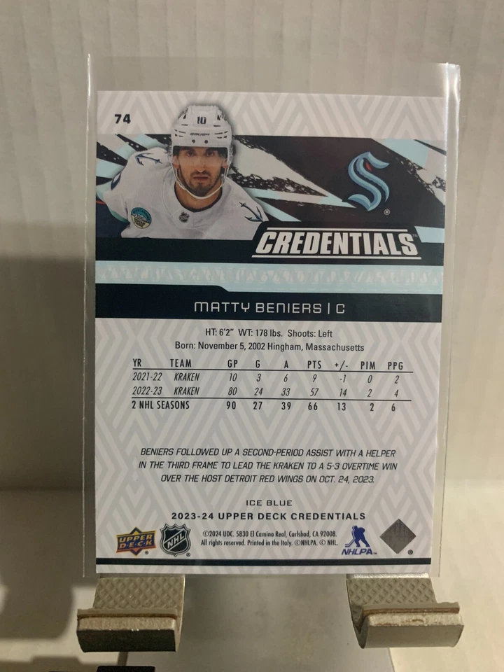 2023-24 Upper Deck Credentials Ice Blue Matty Beniers #74 Seattle Kraken - Image 2 of 2