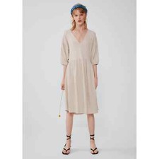 ZARA Beige Loose-Fitting Textured Shift V-Neck Dress Size M