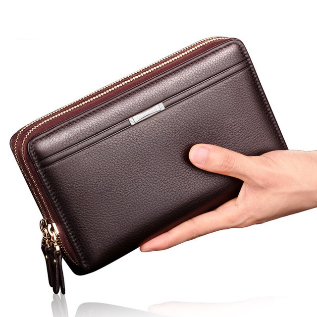 Men Business Leather Long Wallet Double Zipper Card Holder Clutch Bag