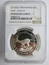 1986 Bahrain Silver Gazelle world wildlife fund NGC PF69 UC 5 dinars coin