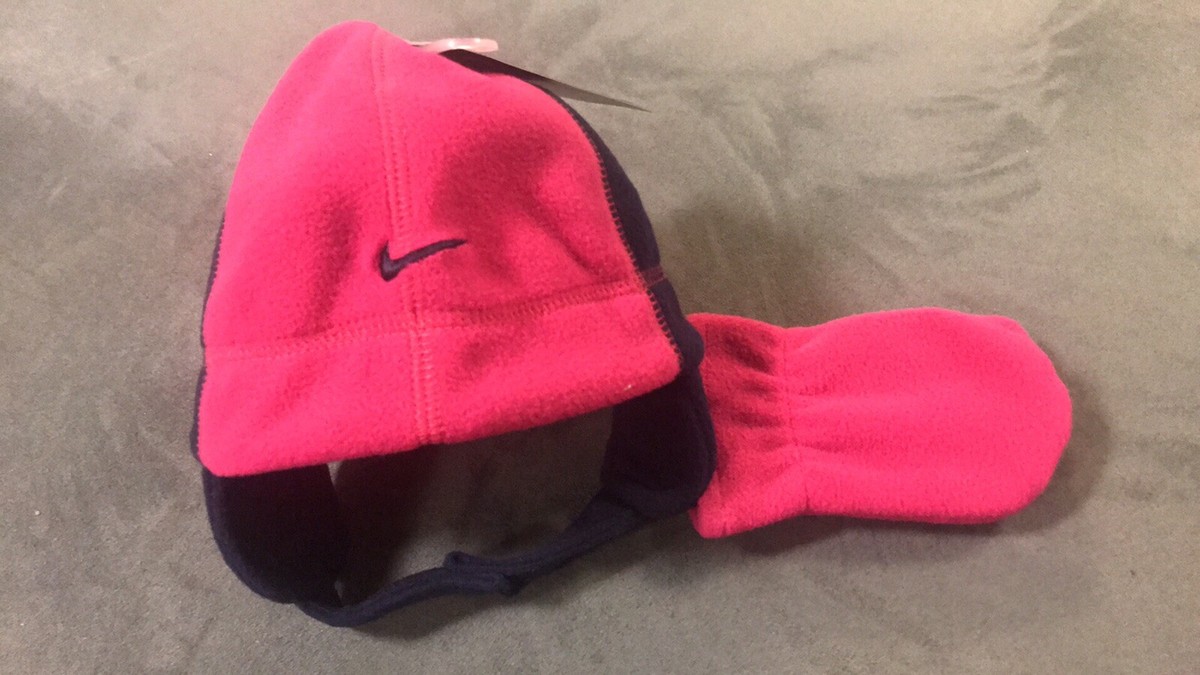NWT NIKE Baby Girl 12/24 Months Fleece HAT MITTENS Set Pink/Blue