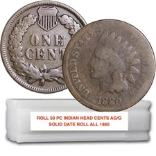 Roll of 50 Coins SOLID DATE ROLL ALL 1880 Indian Head Cent Pennies AVERAGE CIRC