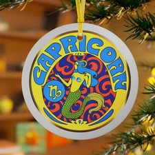 Capricorn Zodiac Sign Glass Christmas Ornament Retro 60s Inspired Zodiac Gift