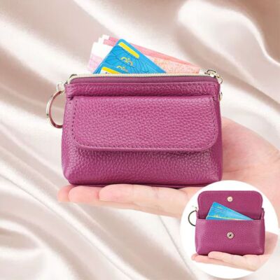 Women Genuine Leather Mini Coin Purse With Key Ring Zipper Card Holder Wallet