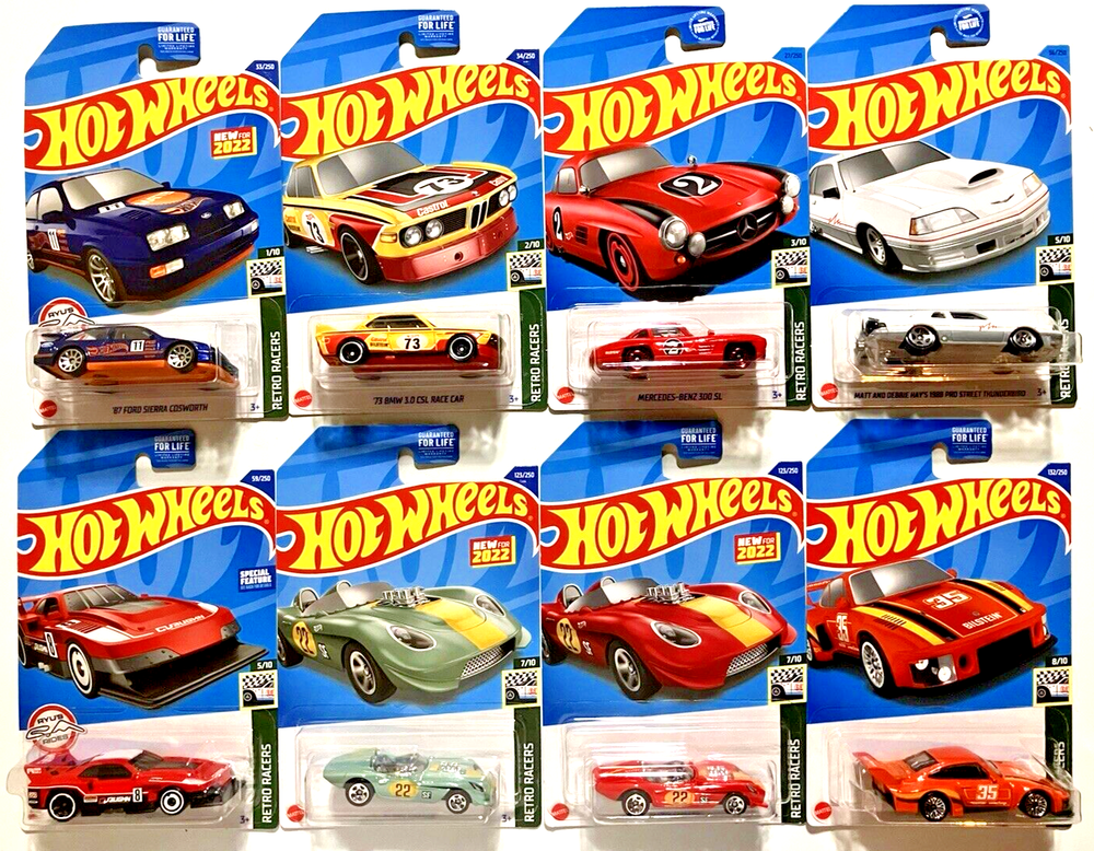 Hot Wheels ~ RETRO RACERS ~ Mixed  Lot Of 8 ~ 1:64 ~ BMW-MERCEDES-PORSCHE ~ New