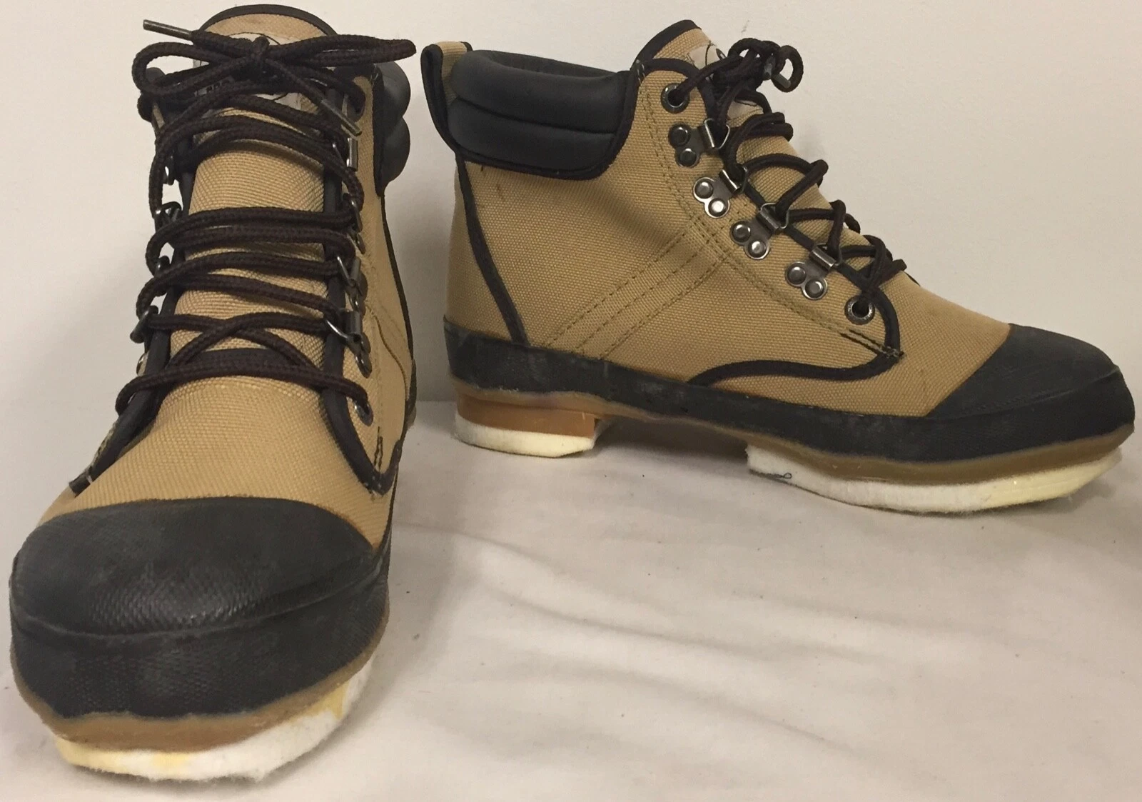 PRO LINE MEN'S W295D TAN KHAKI W BROWN TRIM NYLON WADING BOOTS W FELT OUTSOLE 8