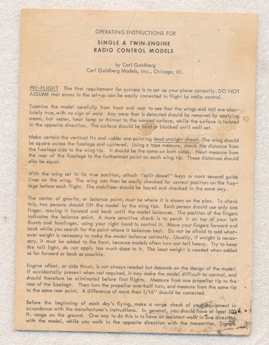 Carl Goldberg Chicago RC Airplane Operating Instructions Single Twin Engine 1960