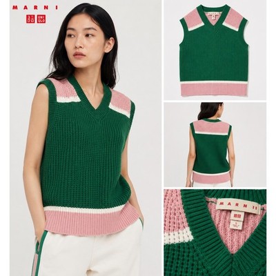 Uniqlo Marni Knitted V-Neck Vest Green Pink knit Womens Sz Large new nwt