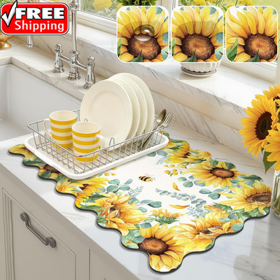 Scalloped Floral Dish Drying Mat, 12''X20'' Super Absorbent Coffee Mat with Waterc