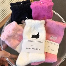6 Pairs Premium Feel Cute Cat Cozy Hairy Mink Velvet Socks Autumn Winter