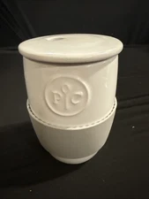 Pampered Chef~White~Ceramic~Egg Cooker~with Lid~Gray Silicone Sleeve~#1529