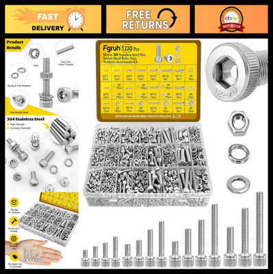 1220PCS Metric Screw Assortment Kit - M3 M4 M5 M6 Hex Socket Bolts, Nuts & Washe