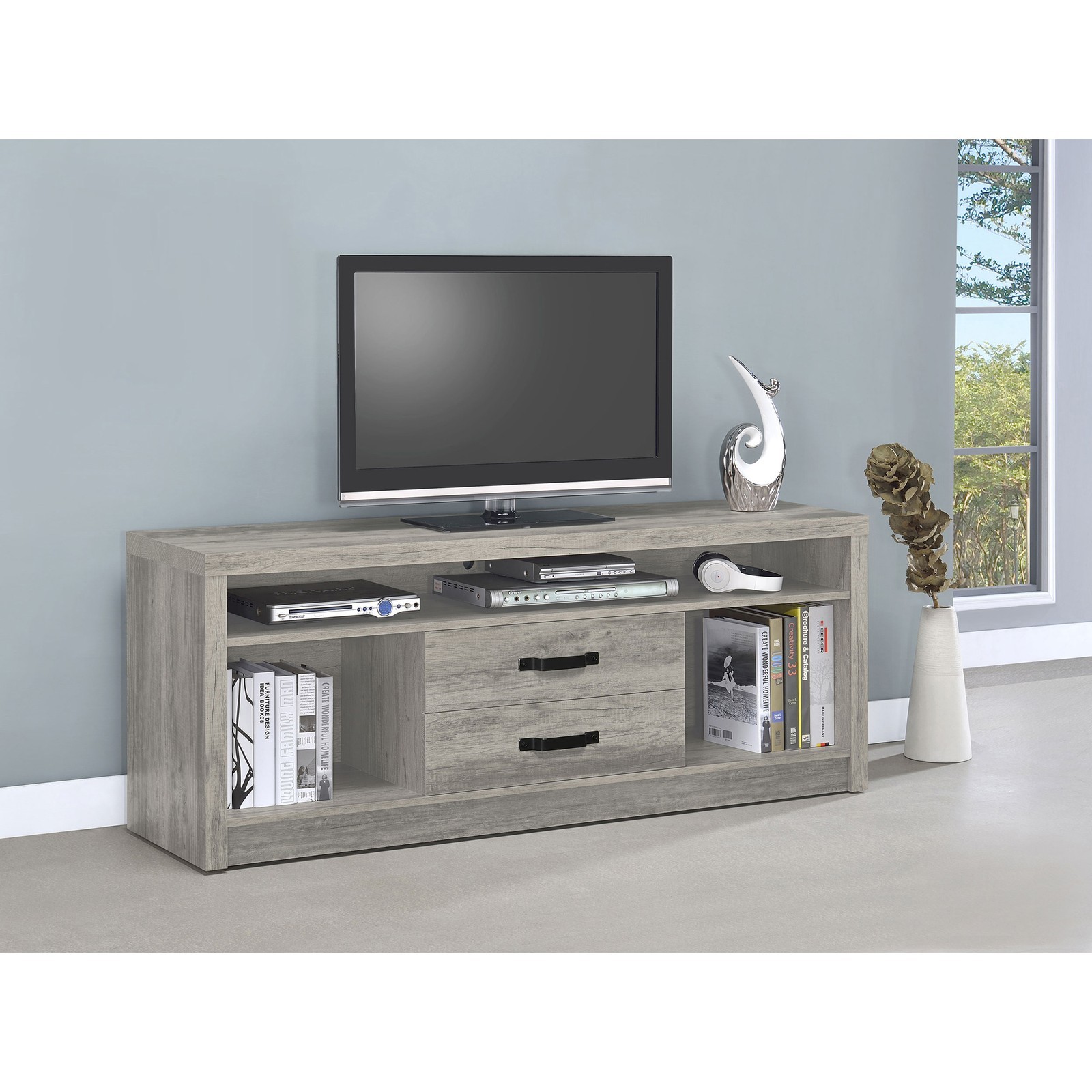 Grey Driftwood 2 Drawer TV Stand, Engineered Wood Media Console