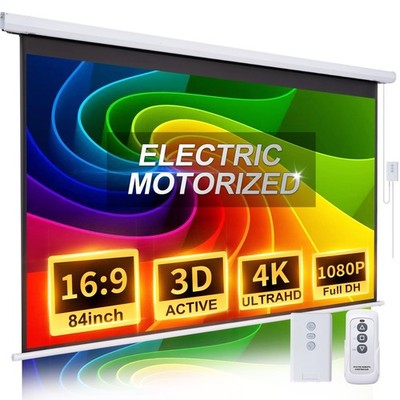 Pull Down Projector Screen Motorized 84 Inch 16:9 HD Electric Small Projector...