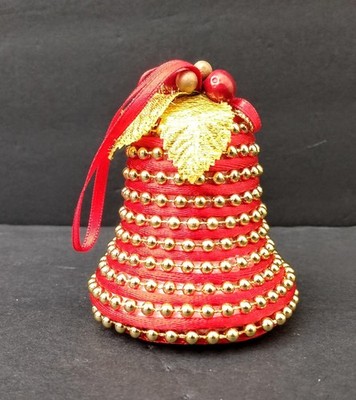 Red mid-century beaded Bell pin Christmas Tree ornament vintage Handmade