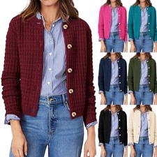 Womens Button Up Knitted Cardigans Casual Jumper Tops Long Sleeve Coat Size 6-18