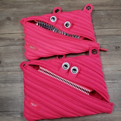 2 ZIPIT Pink Zipsters Monster 3 Ring Binder Pencil Case School Supplies 9''x6''