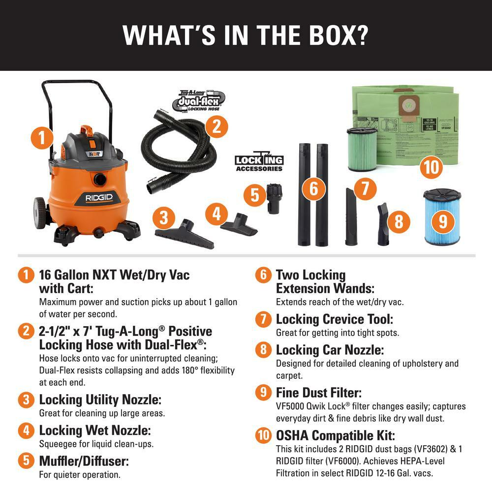 Ridgid 16 Gallon 6.5-Peak HP NXT Wet/Dry Shop Vacuum, Fine Dust Filter, Hose, Accessories, Osha and HEPA Filtration Kit