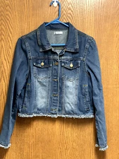 Miss Moly Jean Jacket Size L Denim Frayed Hem Med Wash Slit Cuff Good Condition 
