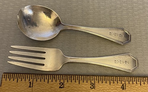 Dominick Haff QUEEN ANNE Sterling Silver Baby Spoon Fork Set Plain 1910 mono - Picture 4 of 9