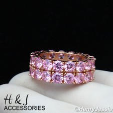 WOMEN 925 STERLING SILVER PINK CZ 8MM ROSE GOLD PLATED 2 ROW BAND RING RGR131