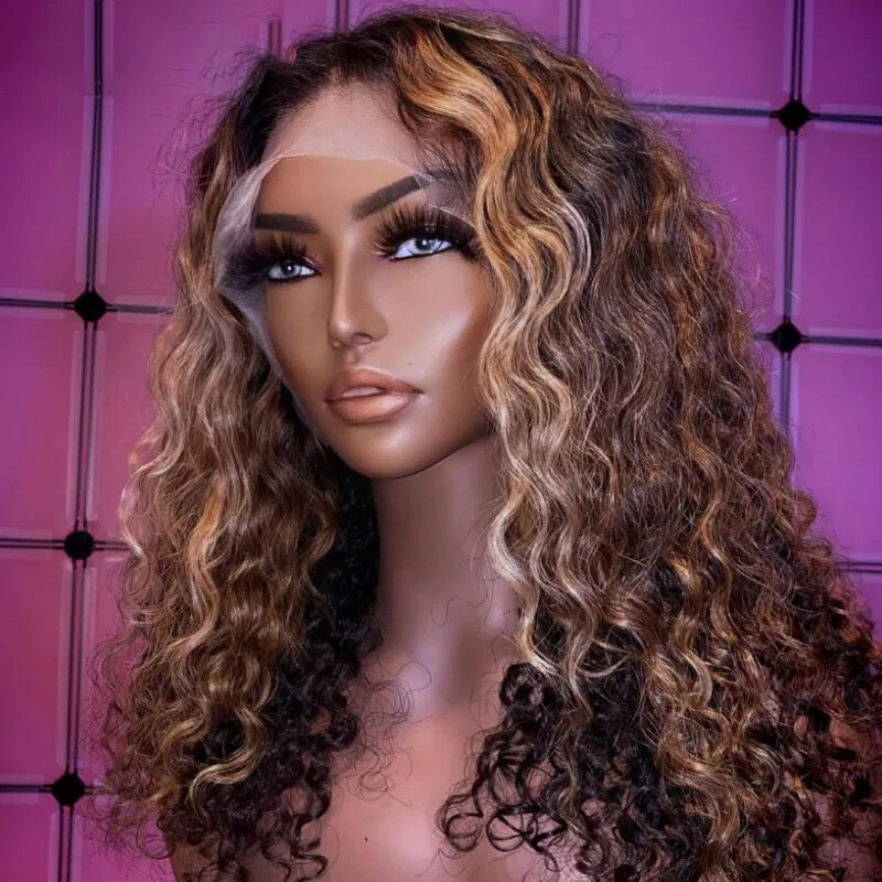 22 Inch Curly Wavy Brown Ombre Blonde Wigs Lace Front Human  display picture 3