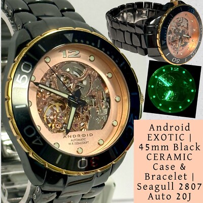 45mm Black CERAMIC Bracelet |Auto Skeleton |  EXOTIC Rosetone Android Mens Watch
