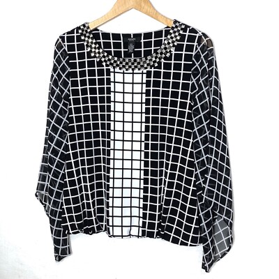 Alfani Petite Womens Square Print Top Studded Collar Size PL Checked Block