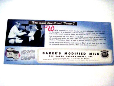 1940-50's Advertising Blotter ''Baker's Modified Milk'' How Much Does It Cost?  *