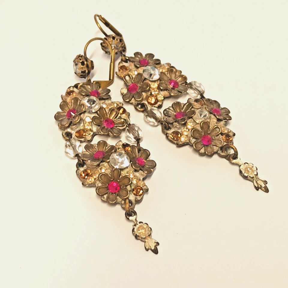 Pendientes Michal Negrin declaración gruesos cristales rosas calientes flores largas Foto 2 de 4
