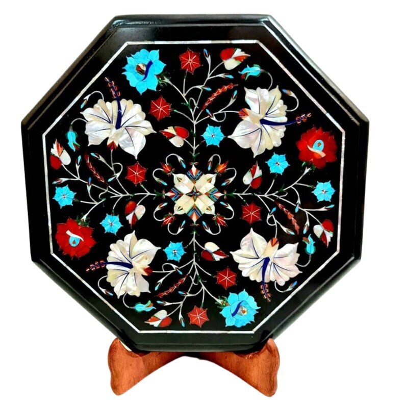 Mesa auxiliar de trabajo con incrustaciones de patrón floral mesa de centro de mármol negro para decoración del hogar