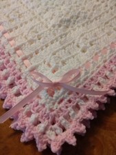 Handmade NEW crochet baby blanket White w/Pink trim  ribbon Afghan Sweet Dreams