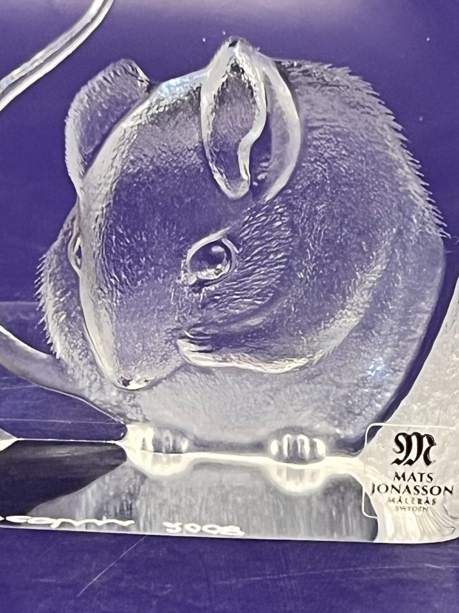 Mats Jonasson Crystal Mouse Etched Paperweight Art Glass MJ Sweden