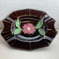 Vintage Japan Ceramic Terracotta Clay Floral Relief Ashtray Pink Flower Leaves